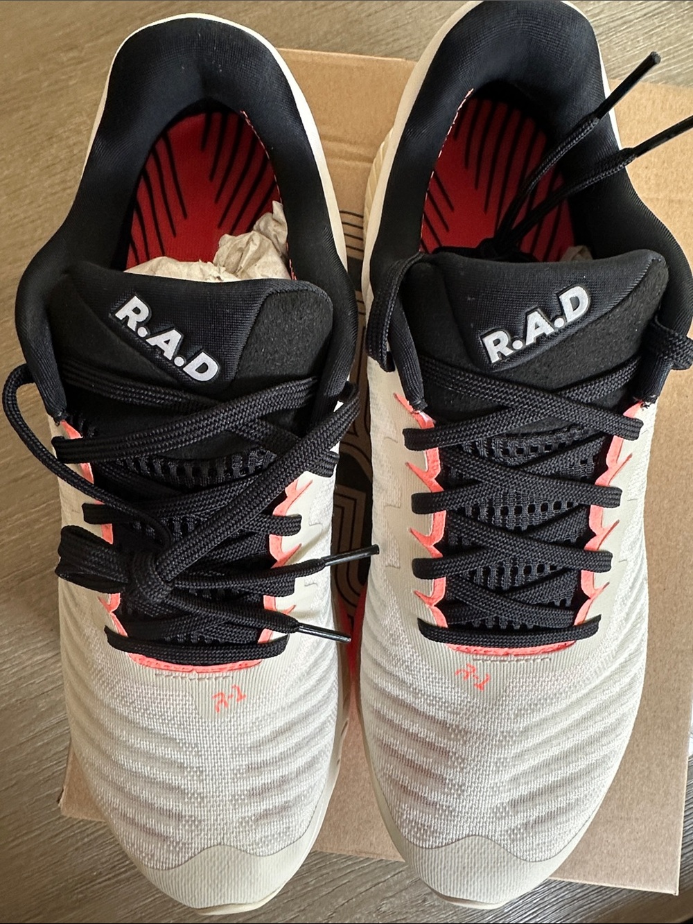 New in box RAD R-1 Neutral Beige Running Shoes with Neon Coral Accents - Picture 3 of 7